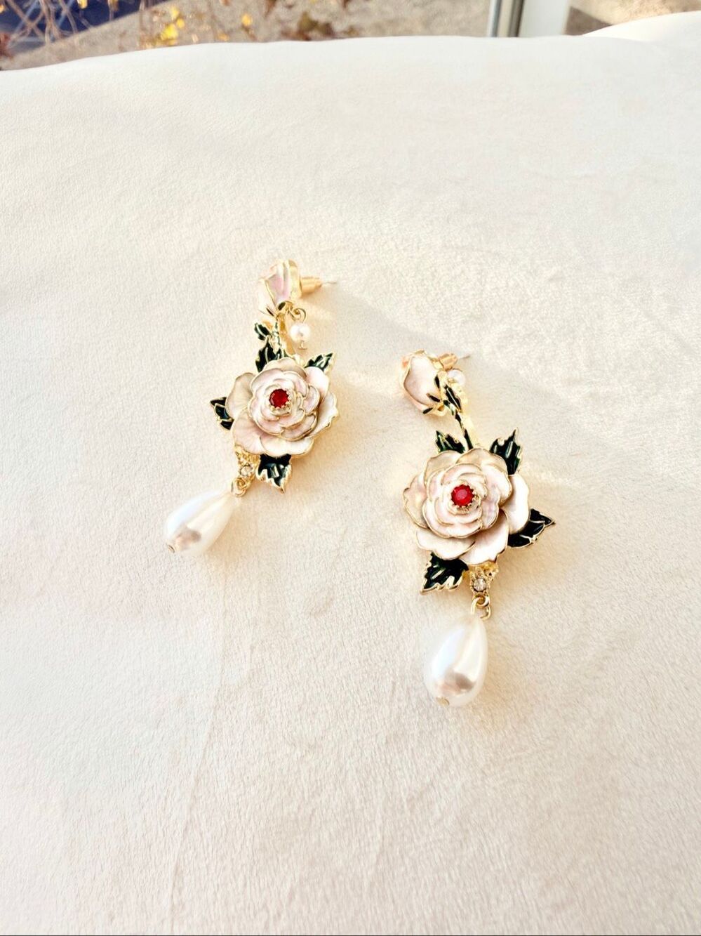 Pearl Rose Floral Statement Earrings Ivory Gold Green Rhinestone Dangle